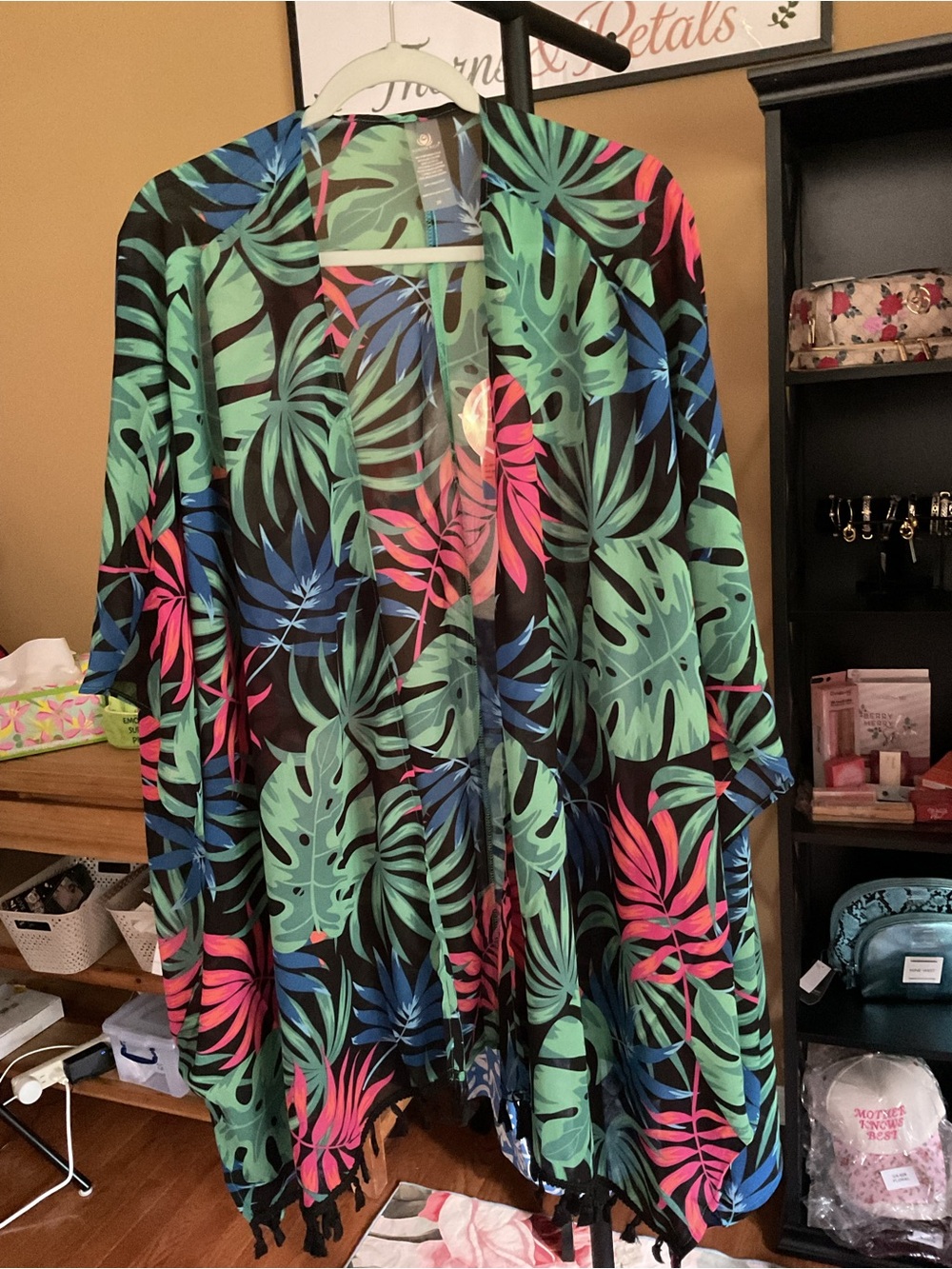 Tropical Leaf Open-Front Swim Coverup - Black with Green, Pink & Blue